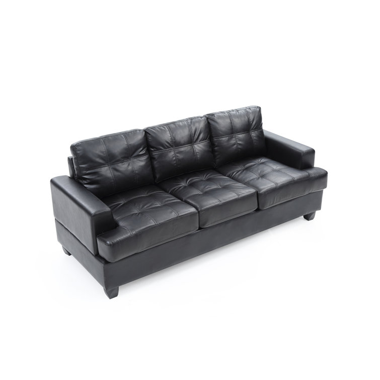 Black Tufted Faux Leather Three Piece Sofa with Wood Track Arm