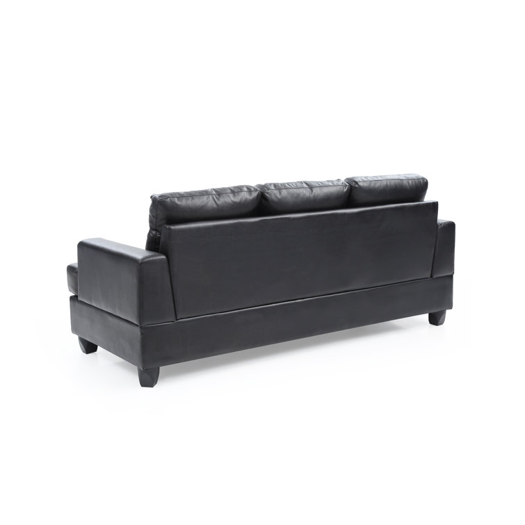 Black Tufted Faux Leather Three Piece Sofa with Wood Track Arm