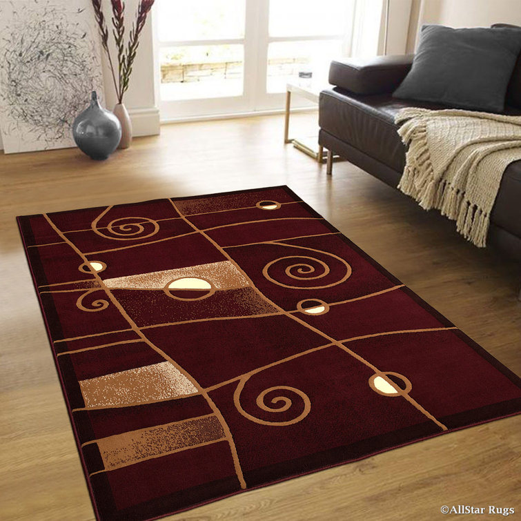 Burgundy and Beige Abstract Swirl Design Synthetic Rug 5' x 7'