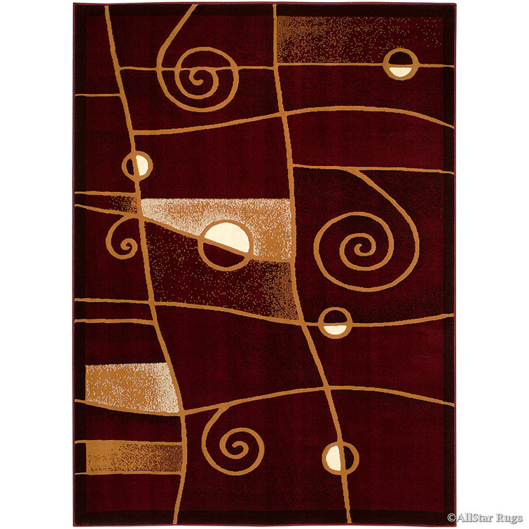 Burgundy and Beige Abstract Swirl Design Synthetic Rug 5' x 7'