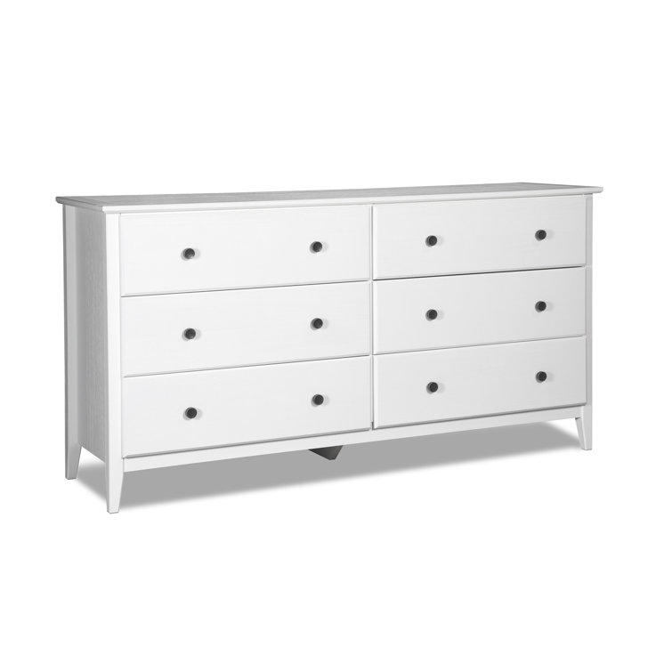 Brushed White Coastal Solid Pine 6-Drawer Dresser