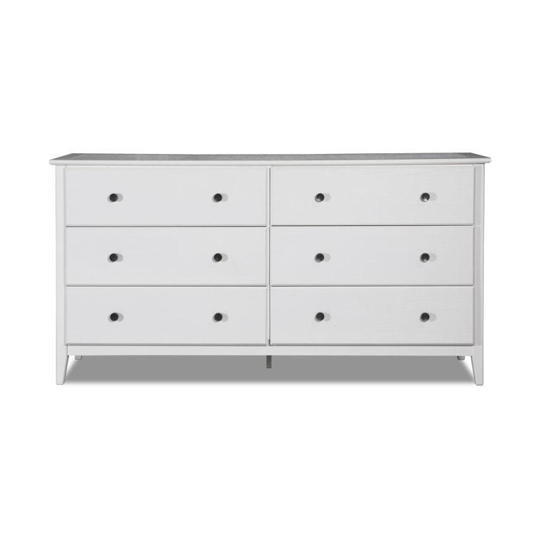 Brushed White Coastal Solid Pine 6-Drawer Dresser