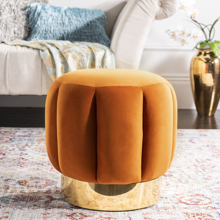 Maxine 19'' Orange Velvet Round Tufted Ottoman with Gold Base