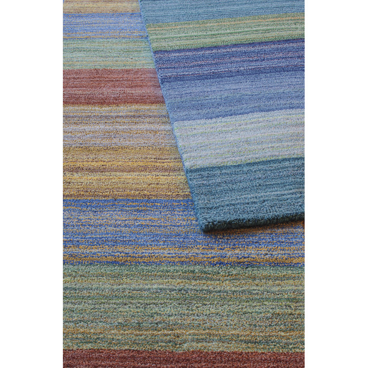 Handmade Brushstroke Blue Stripe Wool Area Rug 5' x 8'