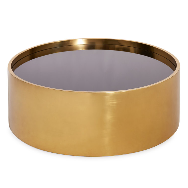 Round Honed Brass and Black Glass Coffee Table with Storage