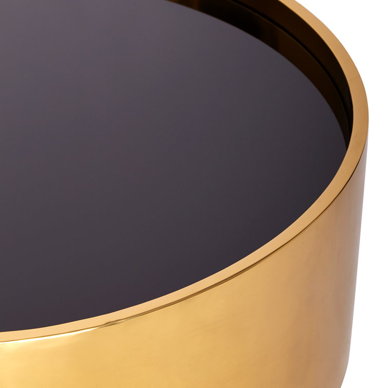 Round Honed Brass and Black Glass Coffee Table with Storage