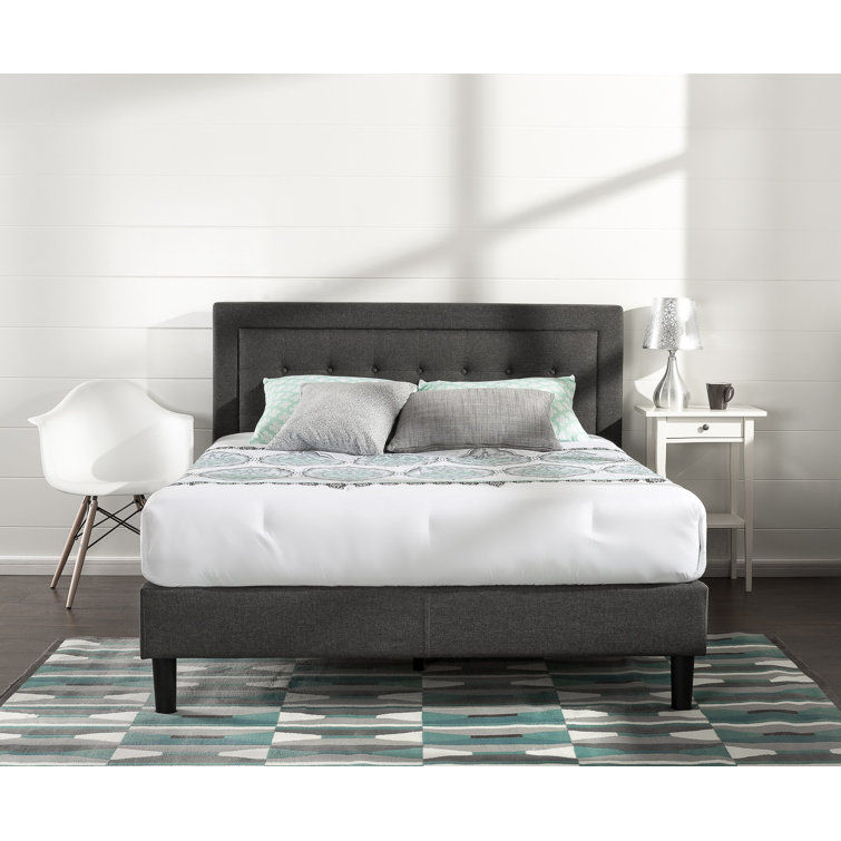 Dark Grey Queen Upholstered Platform Bed with Tufted Headboard