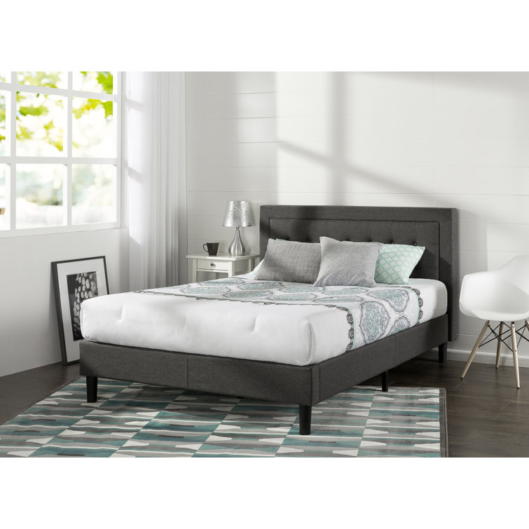 Dark Grey Queen Upholstered Platform Bed with Tufted Headboard