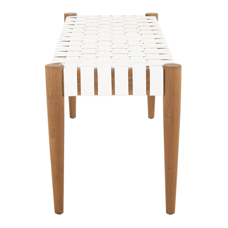 Amalia 47'' Transitional White Leather & Oak Weave Bench