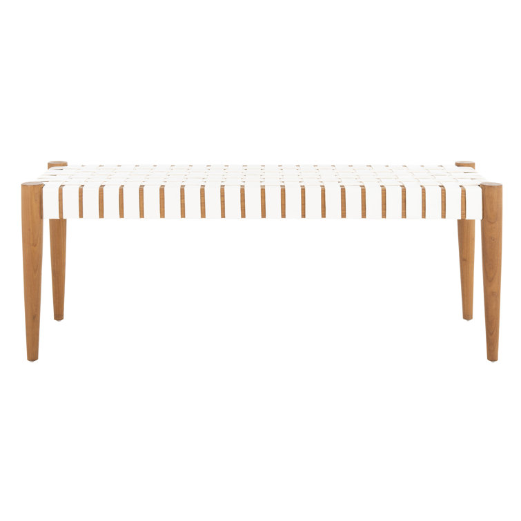 Amalia 47'' Transitional White Leather & Oak Weave Bench