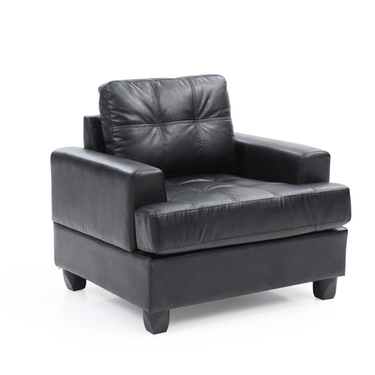 Black Faux Leather and Wood Tufted Accent Chair