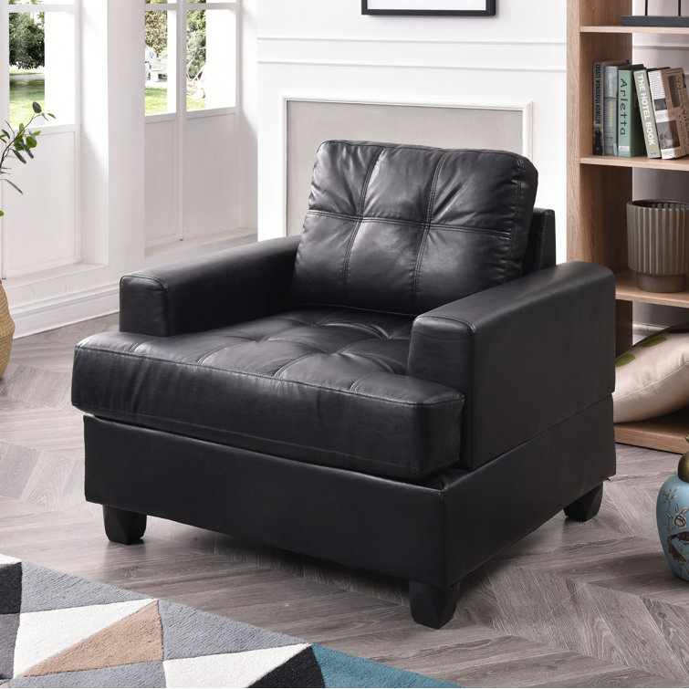 Black Faux Leather and Wood Tufted Accent Chair