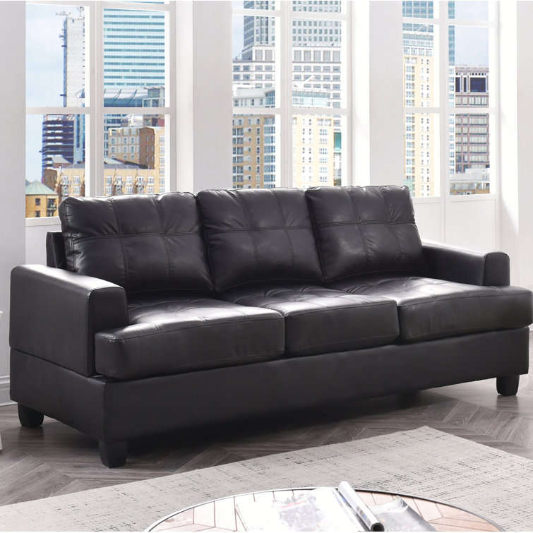Black Tufted Faux Leather Three Piece Sofa with Wood Track Arm