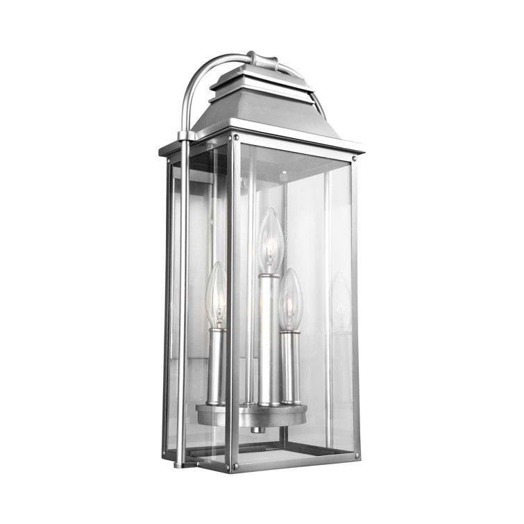Rectangular Brushed Steel Outdoor Wall Lantern, 3-Light, Clear Glass