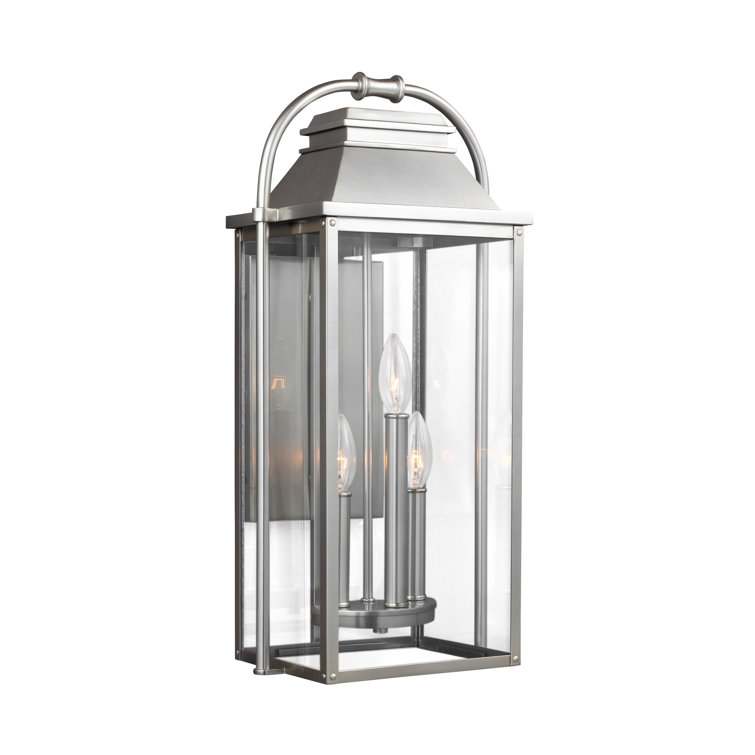 Rectangular Brushed Steel Outdoor Wall Lantern, 3-Light, Clear Glass