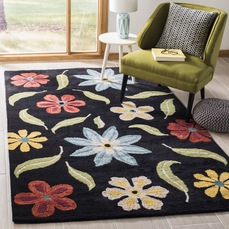 Black Hand-Knotted Wool Floral 8' x 10' Rug
