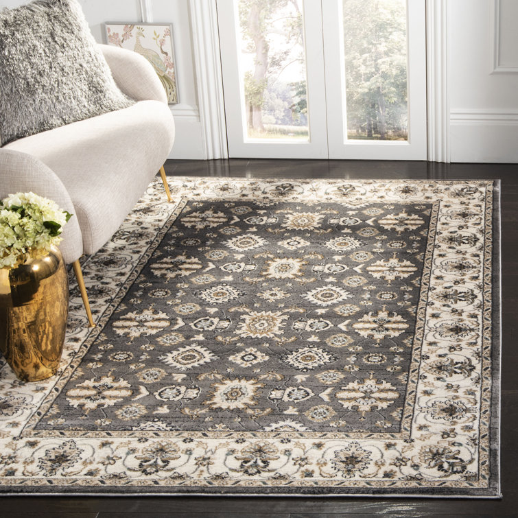 Gray and Cream Floral Synthetic Rectangle Area Rug