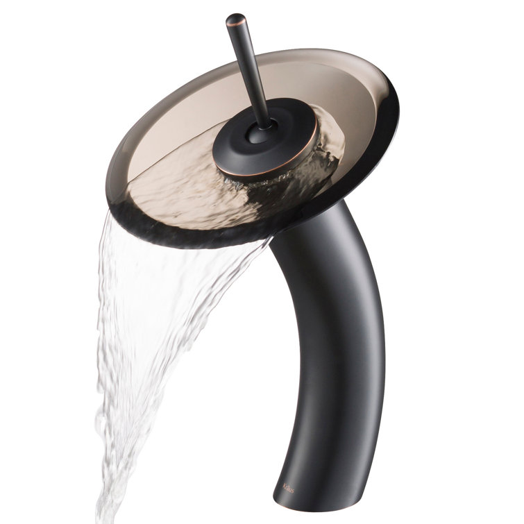 Elegant Bronze Gold Finish Vessel Bathroom Faucet with Clear Brown Glass Disk