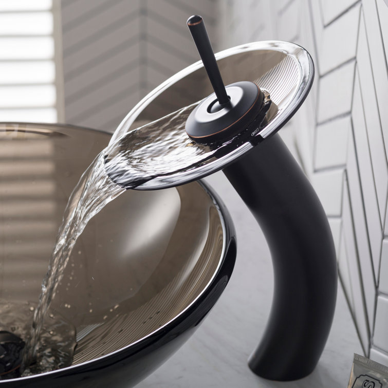 Elegant Bronze Gold Finish Vessel Bathroom Faucet with Clear Brown Glass Disk