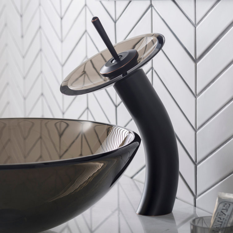 Elegant Bronze Gold Finish Vessel Bathroom Faucet with Clear Brown Glass Disk