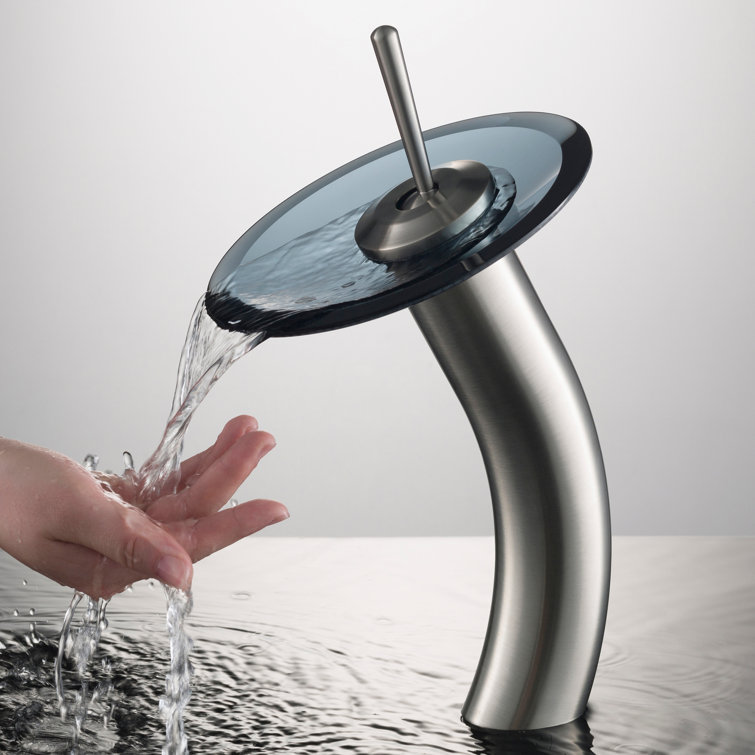 Satin Nickel Single Hole Vessel Faucet with Frosted Glass Disk