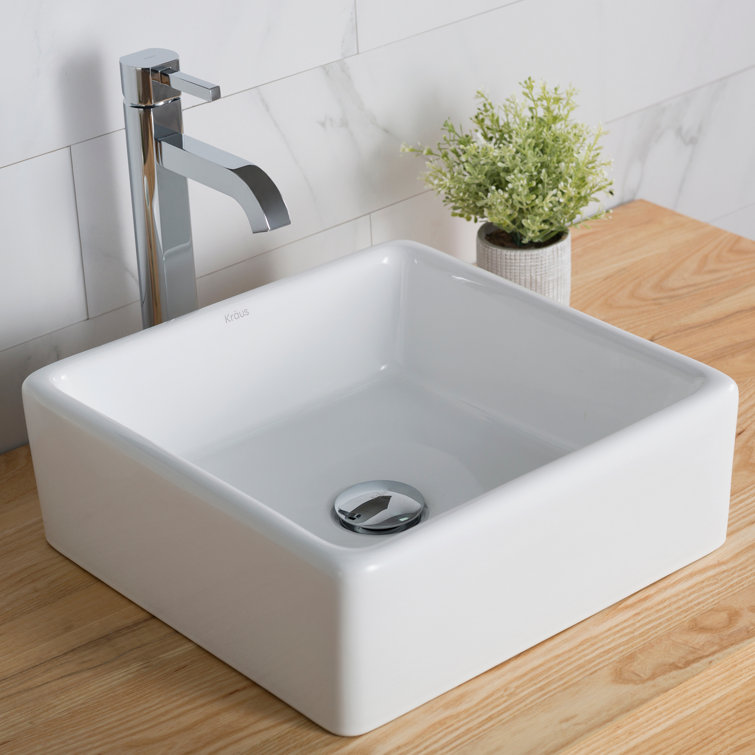 White Ceramic Square Vessel Sink with Chrome Faucet