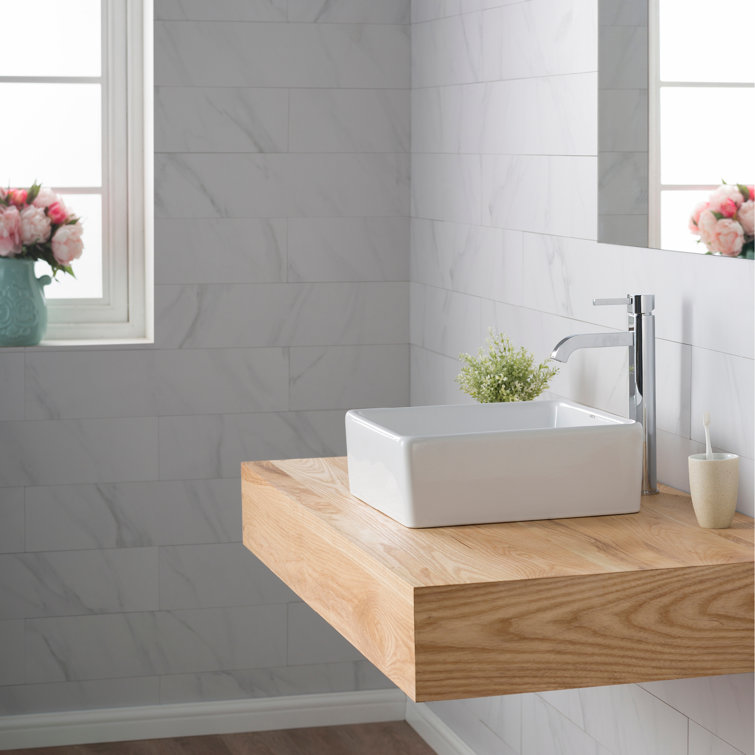 White Ceramic Square Vessel Sink with Chrome Faucet