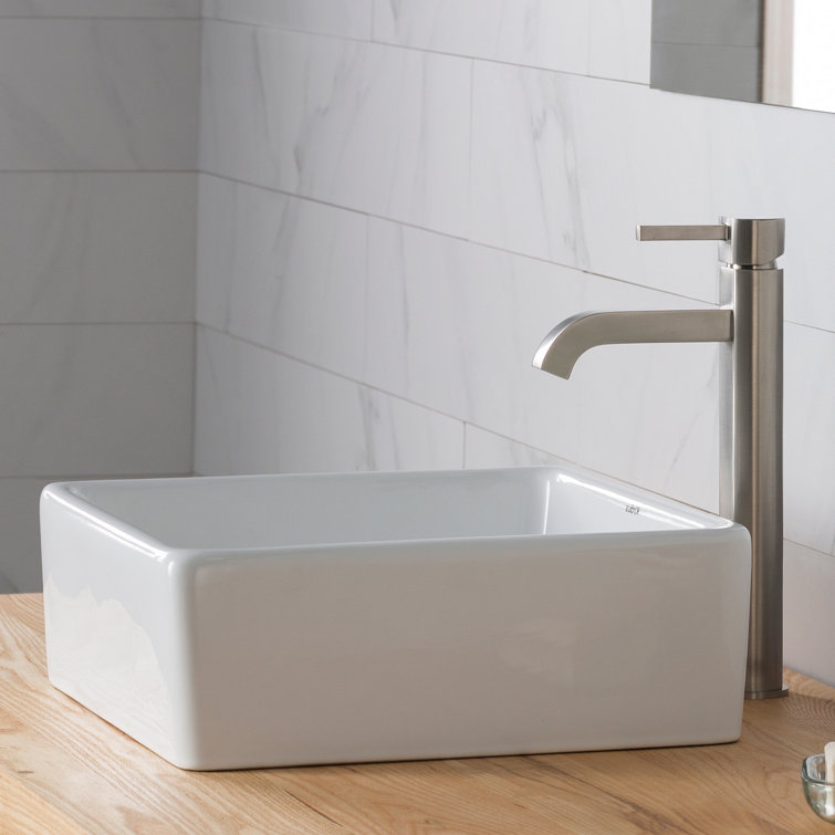 15-inch White Ceramic Square Vessel Sink with Satin Nickel Faucet