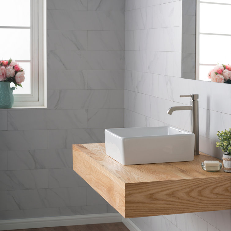 15-inch White Ceramic Square Vessel Sink with Satin Nickel Faucet
