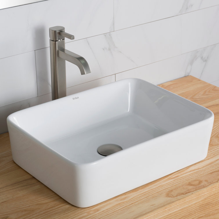 White Ceramic Rectangular Vessel Sink with Satin Nickel Faucet