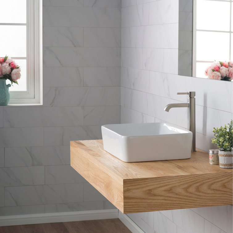 White Ceramic Rectangular Vessel Sink with Satin Nickel Faucet