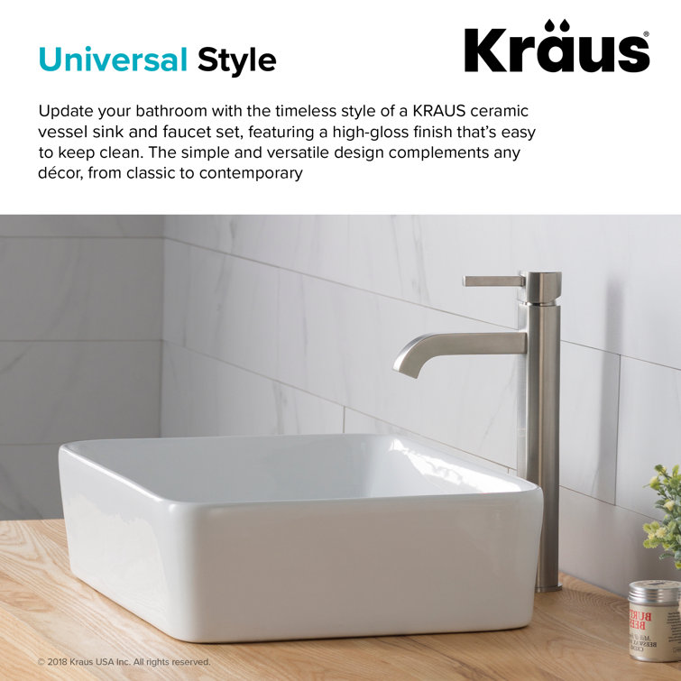 White Ceramic Rectangular Vessel Sink with Satin Nickel Faucet