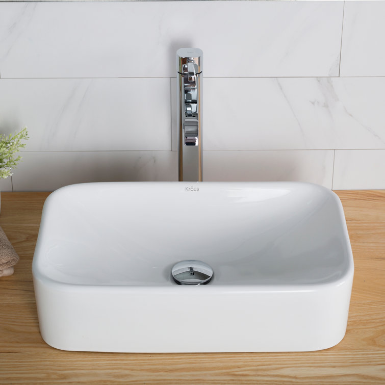 White Ceramic Rectangular Vessel Sink with Chrome Faucet