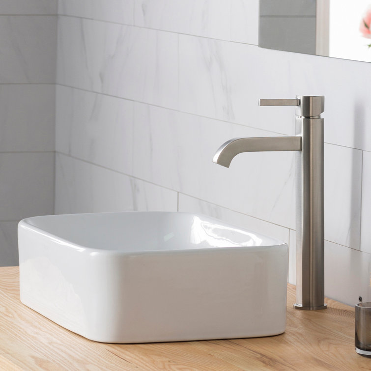 White Ceramic Rectangular Vessel Sink with Satin Nickel Faucet