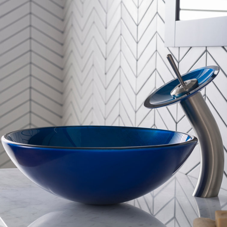 Blue Glass Circular Vessel Sink with Chrome Faucet