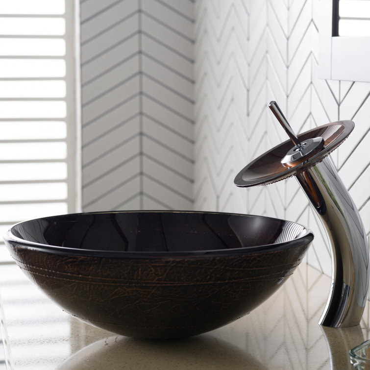 Copper Brown Glass Vessel Sink with Chrome Waterfall Faucet