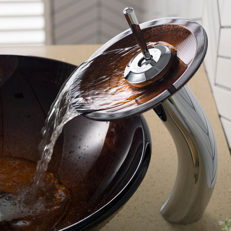 Copper Brown Glass Vessel Sink with Chrome Waterfall Faucet
