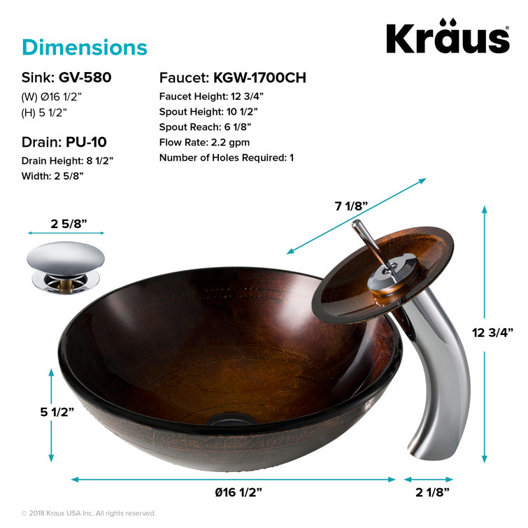 Copper Brown Glass Vessel Sink with Chrome Waterfall Faucet
