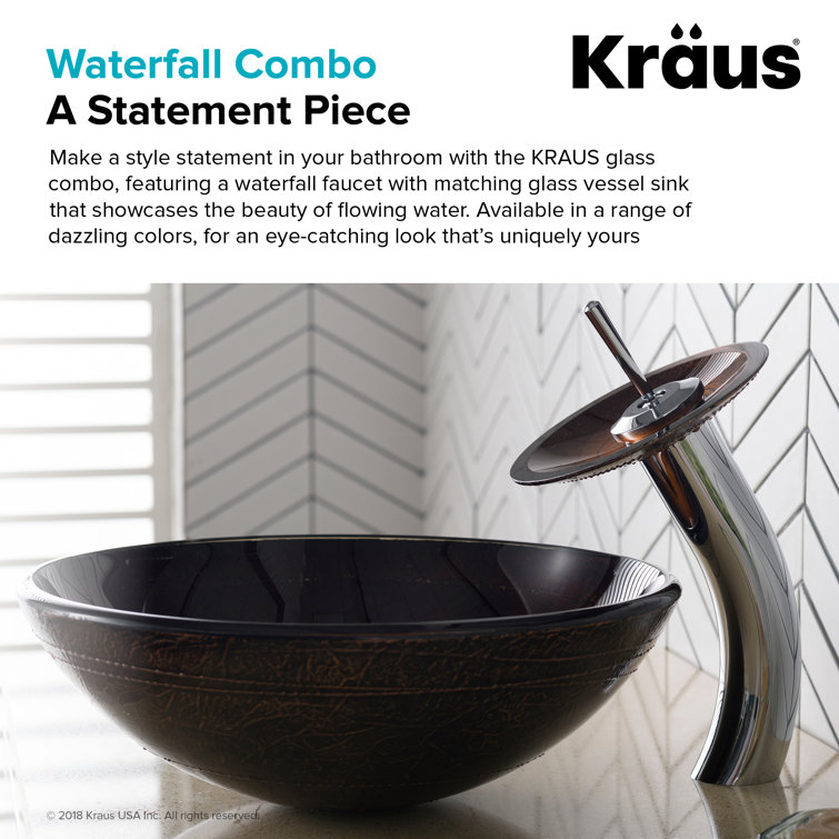 Copper Brown Glass Vessel Sink with Chrome Waterfall Faucet