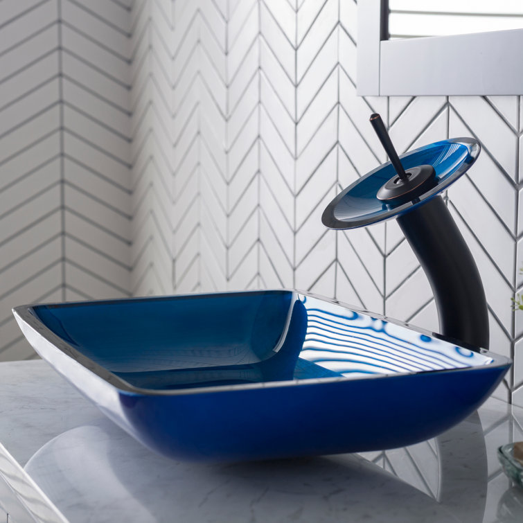 Fire Blue Rectangular Glass Vessel Sink with Waterfall Faucet
