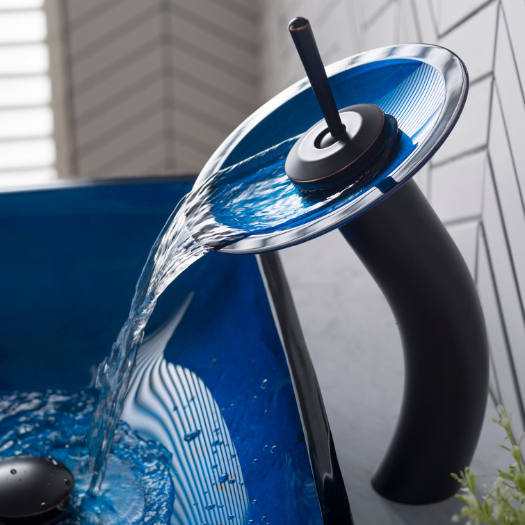 Fire Blue Rectangular Glass Vessel Sink with Waterfall Faucet
