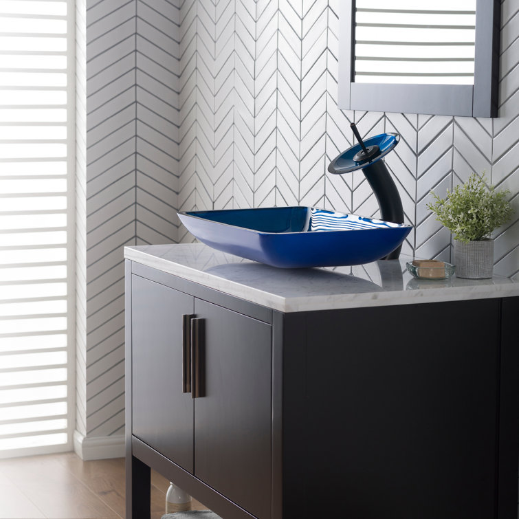 Fire Blue Rectangular Glass Vessel Sink with Waterfall Faucet