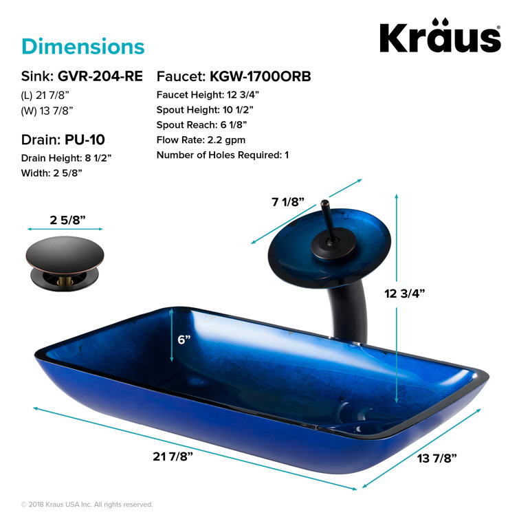 Fire Blue Rectangular Glass Vessel Sink with Waterfall Faucet