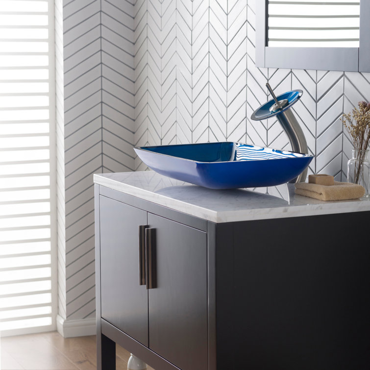 Fire Blue Glass Rectangular Vessel Sink with Chrome Faucet