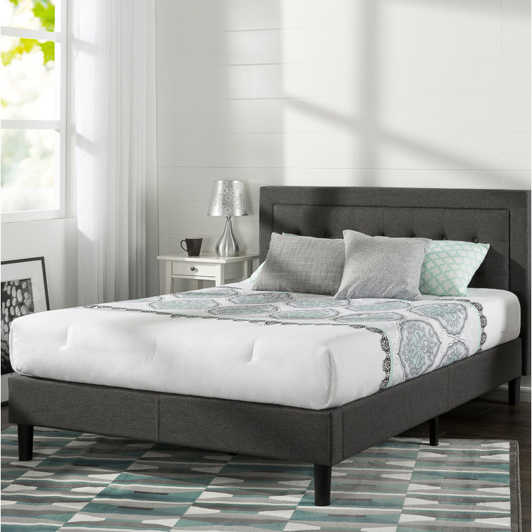 Dark Grey Queen Upholstered Platform Bed with Tufted Headboard