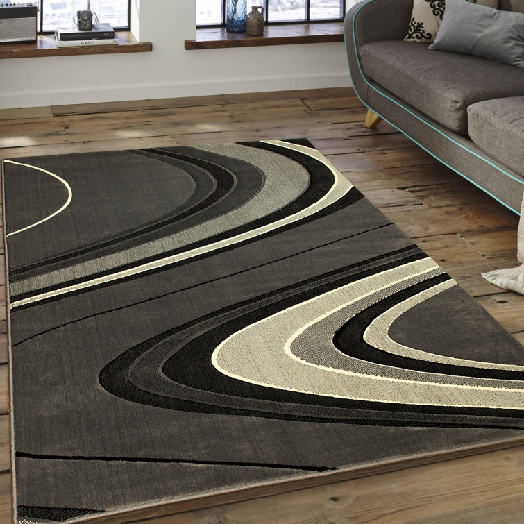 Grey and Ivory Abstract Wave Design 5' x 7' Rug
