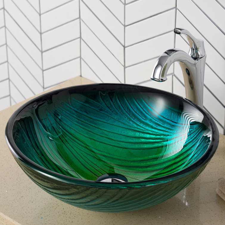 Nei Green Tempered Glass Circular Vessel Sink, 17 inch