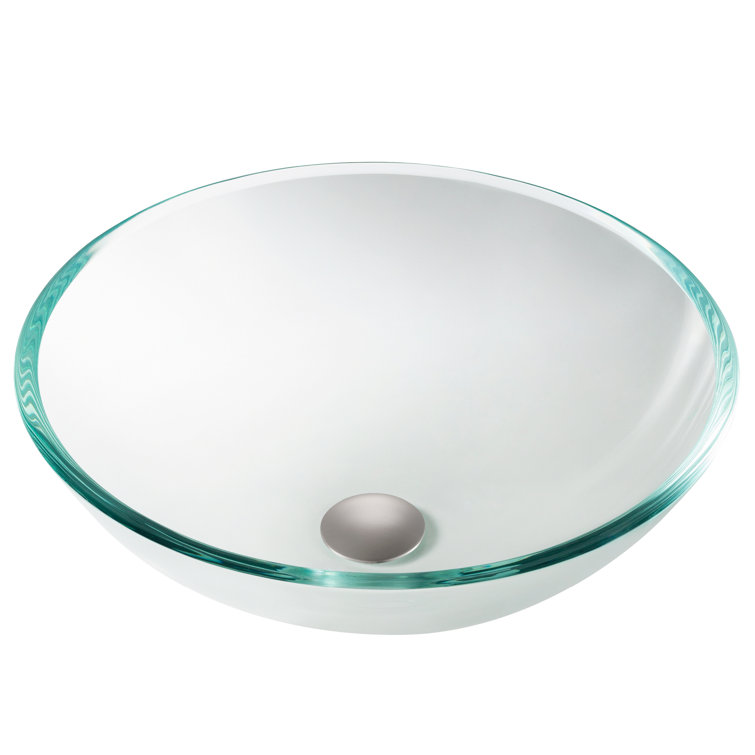 Crystal Clear Round Glass Vessel Sink with Satin Nickel Drain