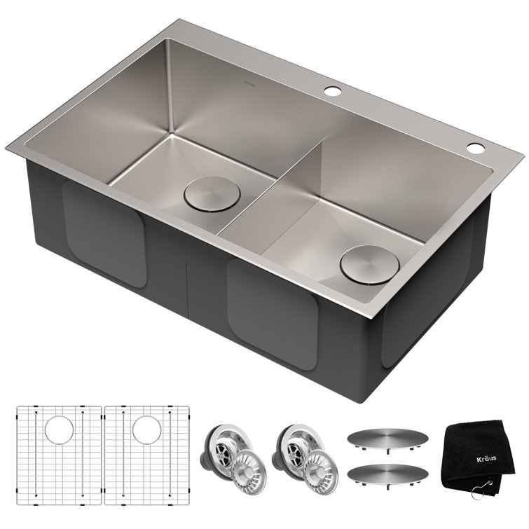 Kraus 33" Satin Stainless Steel Double Bowl Drop-In Kitchen Sink