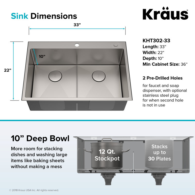Kraus 33" Satin Stainless Steel Double Bowl Drop-In Kitchen Sink